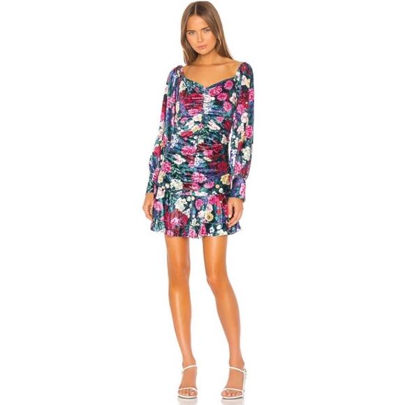 Revolve Rococo Sand‎ Tallia Velvet Floral Ruched Mini Dress in Deep Green Size M - Picture 1 of 11